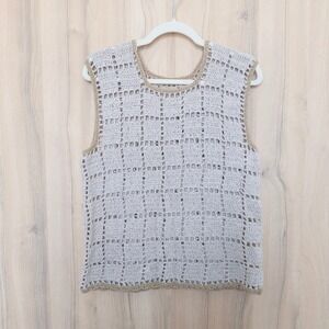 VTG Handmade Womens Crochet Vest Size M Beige Sleeveless Boho Cottage Festival